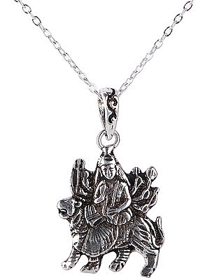 Goddess Durga Pendant on Lion Mount | Sterling Silver