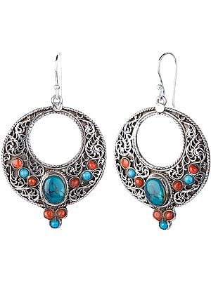 Filigree Earrings with Coral and Tibetan Turquoise from Nepal