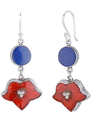 Flower Shaped Dangling Earrings with Coral Flowers and Lapis Lazuli Accents