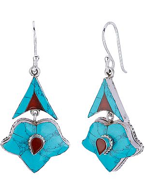 Flower Shaped Dangling Earrings with Tibetan Turquoise Flowers and Coral Accents