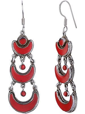 Silver Crescent Moon Design Dangling Earrings with Coral from Nepal