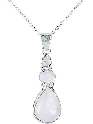 Drop Shaped Dangling Rainbow Moonstone (Cabochon) Studded Sterling Silver Pendant
