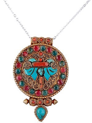 Gold Plated Filigree Gau Box Pendant with Ruby Coral and Turquoise from Nepal