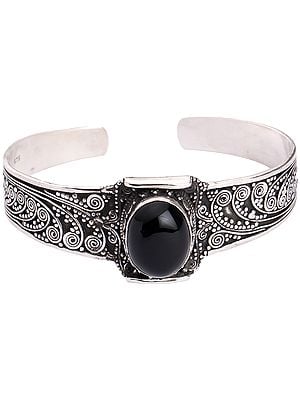 Silver Cuff Bracelet with Black Onyx (Adjustable Size)