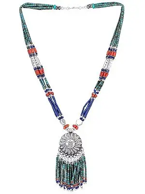 Lapis Lazuli, Coral and Turquoise Ethnic Sun Pendant Necklace
