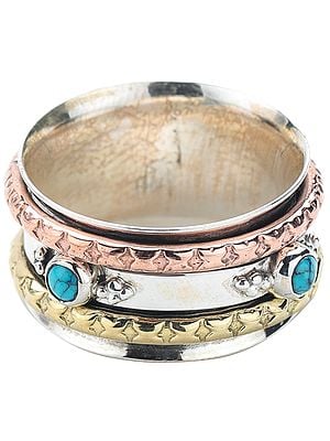 Sterling Silver Three Tone Meditation Spinner Ring with Turquoise Stones