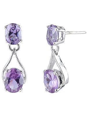 Faceted Oval Cut Amethyst Stones Pronged Sterling Silver Earrings