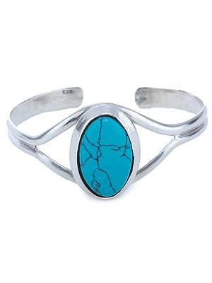 Sterling Silver Bracelet with Oval Turquoise Gemstone (Adjustable Size)