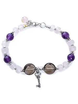 Amethyst, Rose-Quartz and Smoky-Quartz Bracelet with Sterling Silver Beads