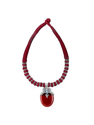 Rope Necklace with Stylized Carnelian and Sterling Silver Pendant