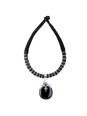 Rope Necklace with Stylized Black-Onyx and Sterling Silver Pendant