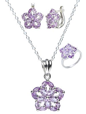 Sterling Silver Faceted Pendant, Earrings and Ring Set