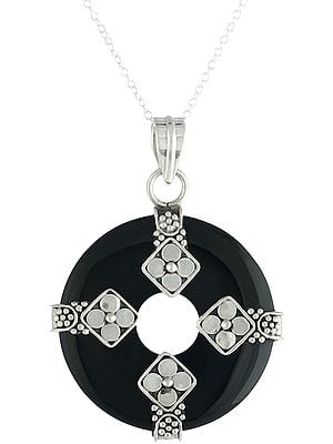 Sterling Silver Pendant with Round Black Onyx Stone
