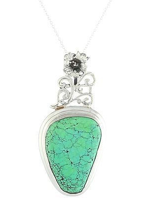 Large Turquoise Gemstone Pendant with Sterling Silver Flower Hook