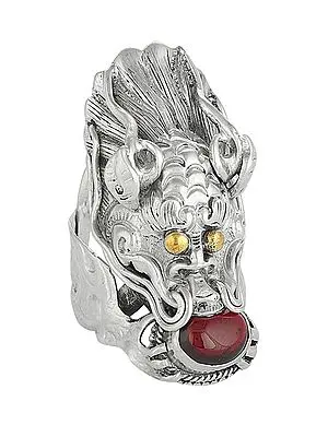 Tibetan Dragon Sterling Silver Ring with Garnet Gemstone