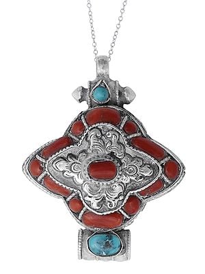 Sterling Silver Gau Box Pendant with Coral and Turquoise Stone