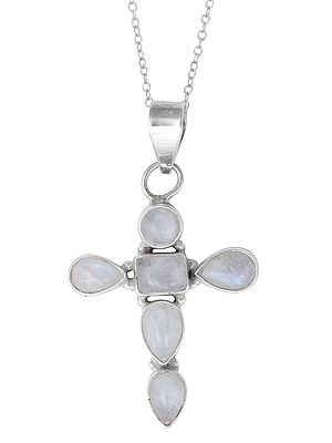 Sterling Silver Cross Pendant with Rainbow Moonstone