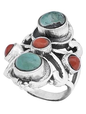 Double Turquoise with Coral Trio Sterling Silver Ring