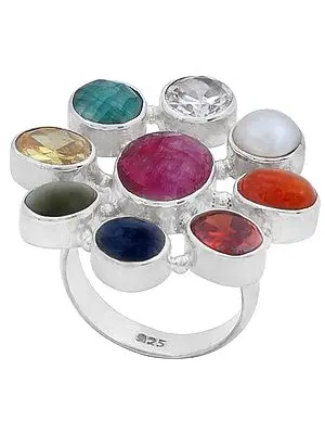 Large Navagraha Gemstone Ring Made in Sterling Silver