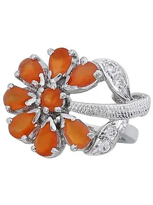 Super Fine Floral Designer Ring with Faceted Carnelian and Cubic Zirconia