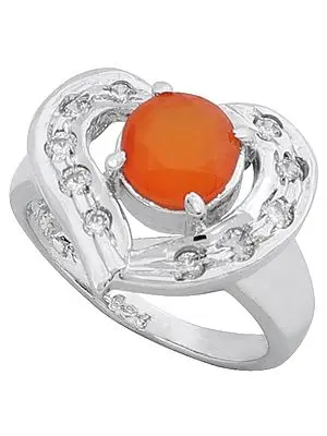 Super Fine Heart Shaped Designer Ring with Carnelian and Cubic Zirconia Stone