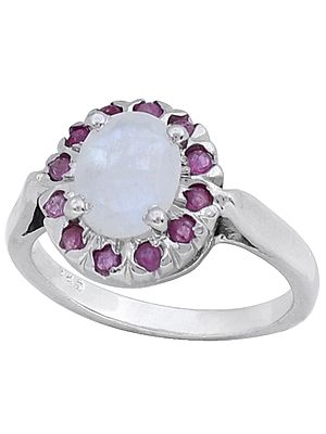 Super Fine Sterling Silver Ring with Rainbow Moonstone and Rubies