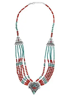 Sterling Silver Fine Necklace with Coral and Turquoise Stone