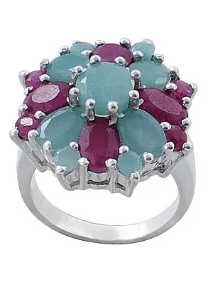 Superfine Brilliant Emerald and Ruby Gemstone Ring Made in Sterling Silver