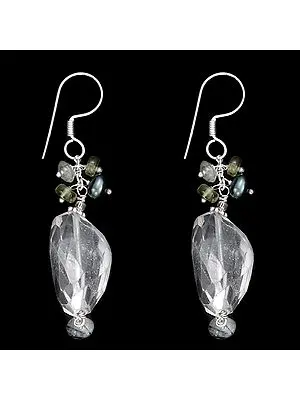 Sterling Silver Dangle Earrings with Crystal, Black Pearl, Peridot Stone