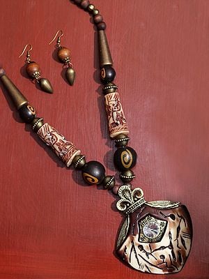 Brown Tibetan Style Long Necklace with Earring