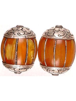 Amber Dust Beads with Sterling Caps and Incisions