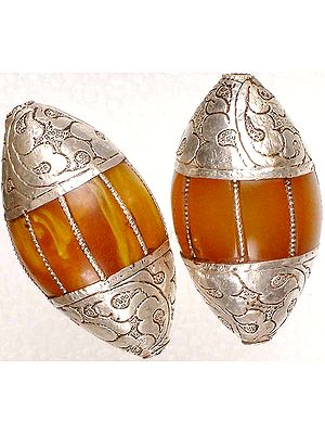Amber Dust Beads with Sterling Caps and Incisions