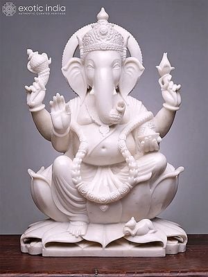 30" Chaturbhuja Ganapati With Mushak | White Marble Statue For Temple