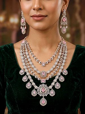 Multi-Strand American Diamond Bridal Necklace Set with Pink Stone Earrings