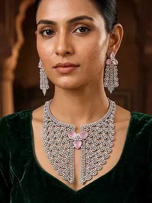 Statement Floral Necklace and Earring Set with Cubic Zirconia and Pink Stones