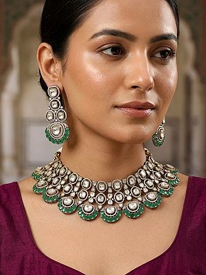 Rajasthani Style Kundan Stone Studded Choker Necklace Set with Green Stones and Earrings