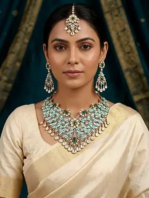 Bridal Necklace Set with Blue Floral American Diamonds and Maang Tikka