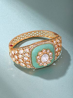 Gold Tone Flower Cuff Bracelet with Polki Stones