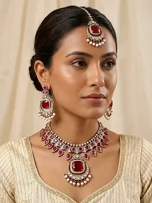 Red Kundan Stone Studded Necklace Set with Matching Earrings and Maang Tikka
