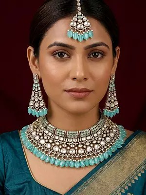 Sea Green Drop Kundan Bridal Choker Necklace Set with Long Earrings and Maang Tikka
