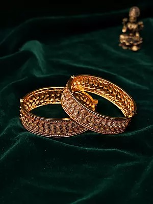 Gold Tone Openable Bangles with Polki Stones and Teardrop Motifs (Pair)