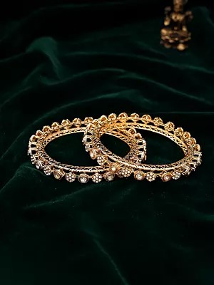 Gold Tone Floral Bangles with Crystal Accents (Pair)