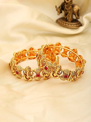 Ganesha Motif Gold Tone Bangle Pair with Red Kundan Stones