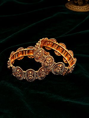Goddess Lakshmi Openable Bangles Pair with Antique Gold Finish