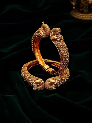 Carved Peacock Design Openable Kada Bangle (Pair)