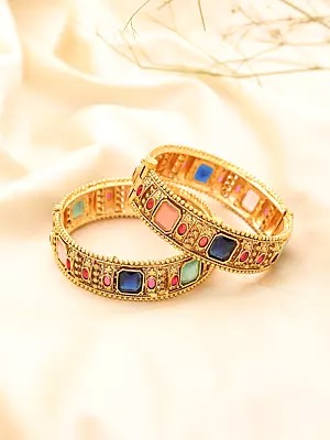 Antique Finish Kundan Bangles with Multi-Color Stones (Pair)