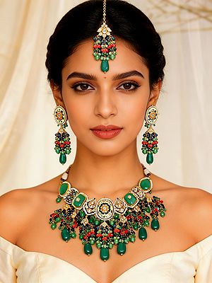 Kundan Bridal Choker Set with Green Gemstone Earrings & Maang Tikka