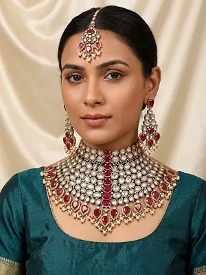 Kundan Choker Necklace Set with Red Teardrop Stones and Maang Tikka