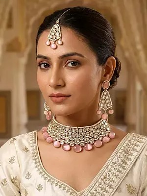 Pink Oval Stone Kundan Bridal Choker Necklace Set with Earrings and Maang Tikka