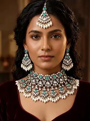 Bridal Kundan Stone Studded Choker Necklace Set with Maang Tikka and Pearl Drops
